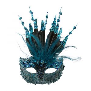 MASCHERA TURCHESE CON PIUME E DECORAZIONI TRAVESTIMENTO SEXY ELEGANTE