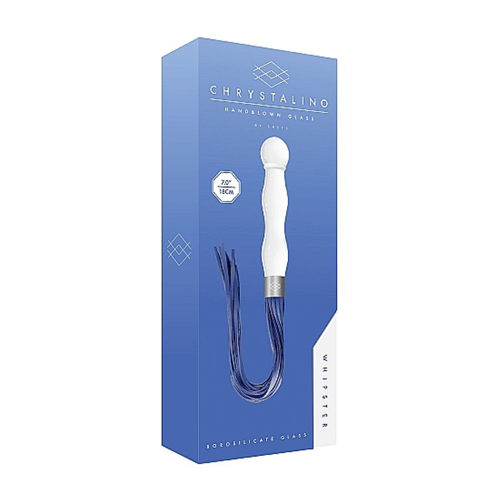 CHR019WHT WHIPSTER – WHITE PLUG ANALE IN VETRO BOROSILICATO BIANCO CON FRUSTA IN FINTA PELLE BLU