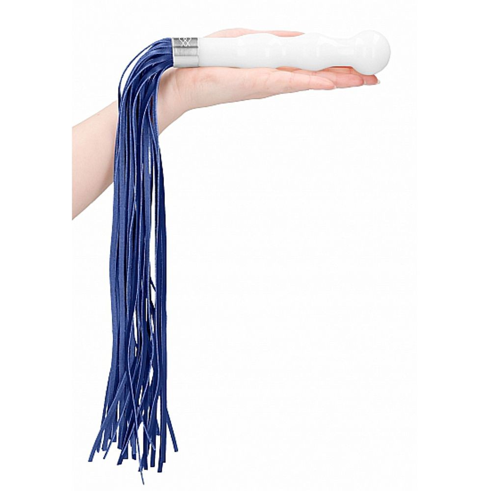 CHR019WHT WHIPSTER – WHITE PLUG ANALE IN VETRO BOROSILICATO BIANCO CON FRUSTA IN FINTA PELLE BLU