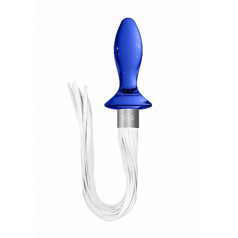 CHR020BLU TAIL – BLUE PLUG ANALE IN VETRO BOROSILICATO BLU CON FRUSTA IN FINTA PELLE BIANCA