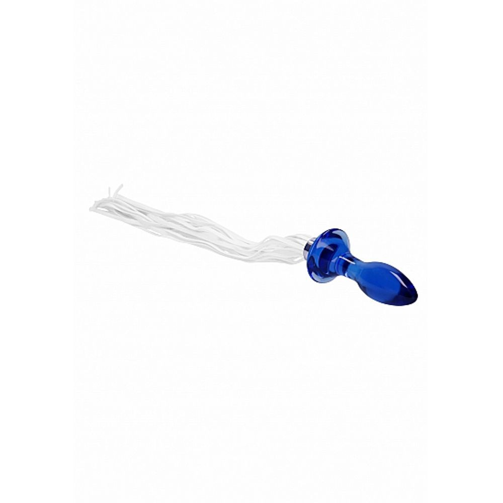 CHR020BLU TAIL – BLUE PLUG ANALE IN VETRO BOROSILICATO BLU CON FRUSTA IN FINTA PELLE BIANCA