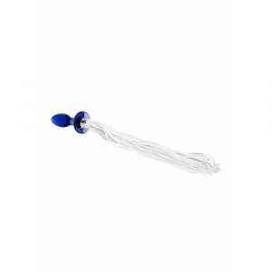 CHR020BLU TAIL – BLUE PLUG ANALE IN VETRO BOROSILICATO BLU CON FRUSTA IN FINTA PELLE BIANCA
