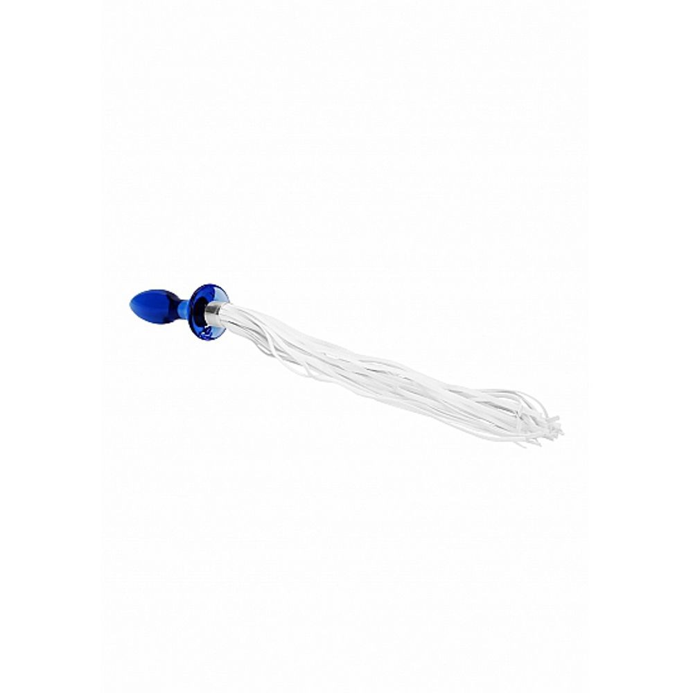 CHR020BLU TAIL – BLUE PLUG ANALE IN VETRO BOROSILICATO BLU CON FRUSTA IN FINTA PELLE BIANCA