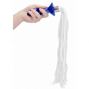 CHR020BLU TAIL – BLUE PLUG ANALE IN VETRO BOROSILICATO BLU CON FRUSTA IN FINTA PELLE BIANCA