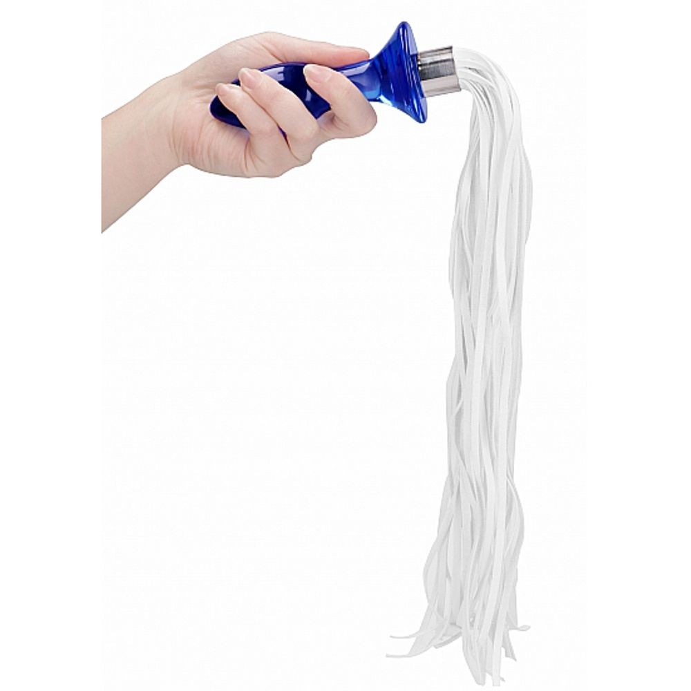 CHR020BLU TAIL – BLUE PLUG ANALE IN VETRO BOROSILICATO BLU CON FRUSTA IN FINTA PELLE BIANCA