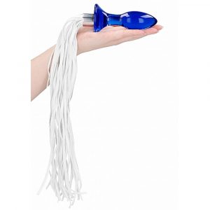 CHR020BLU TAIL – BLUE PLUG ANALE IN VETRO BOROSILICATO BLU CON FRUSTA IN FINTA PELLE BIANCA
