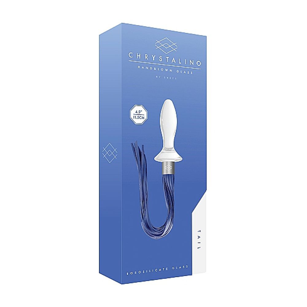 CHR020WHT TAIL – WHITE PLUG ANALE IN VETRO BOROSILICATO BIANCO CON FRUSTA IN FINTA PELLE BLU