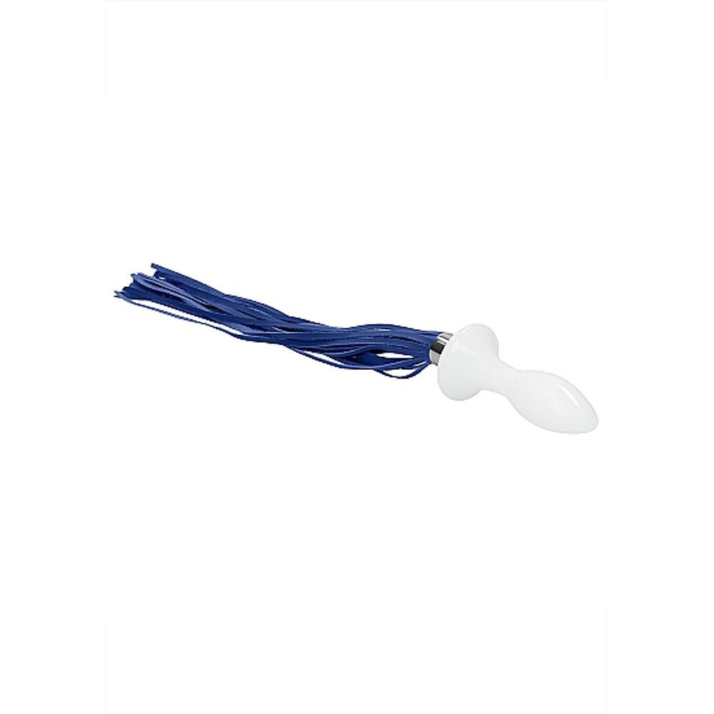 CHR020WHT TAIL – WHITE PLUG ANALE IN VETRO BOROSILICATO BIANCO CON FRUSTA IN FINTA PELLE BLU