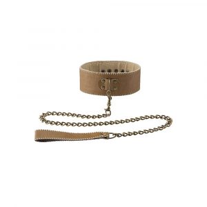 OU163BRN COLLAR WITH LEASH – BROWN COLLARE CON GUINZAGLIO IN CUOIO RIGENERATO E OTTONE