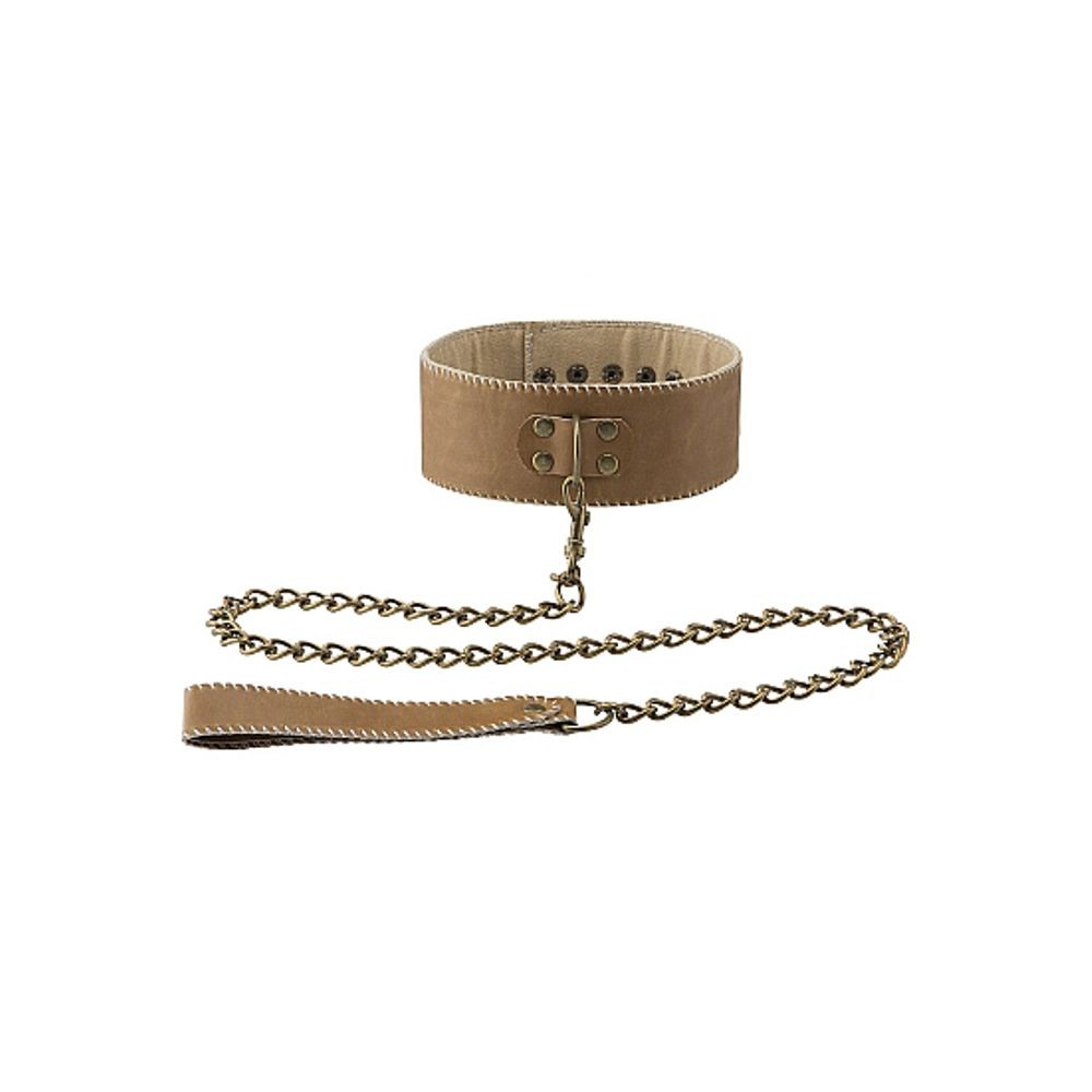 OU163BRN COLLAR WITH LEASH – BROWN COLLARE CON GUINZAGLIO IN CUOIO RIGENERATO E OTTONE