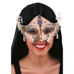 00709-1 MASCHERA METALLO ORO STRASS BLU