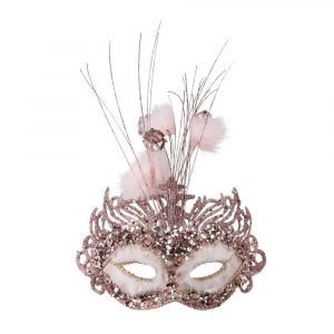 00751-1 MASCHERA ROSA IN TESSUTO C/PAILLETTES, GLITTER E PON PON IN PIUMA