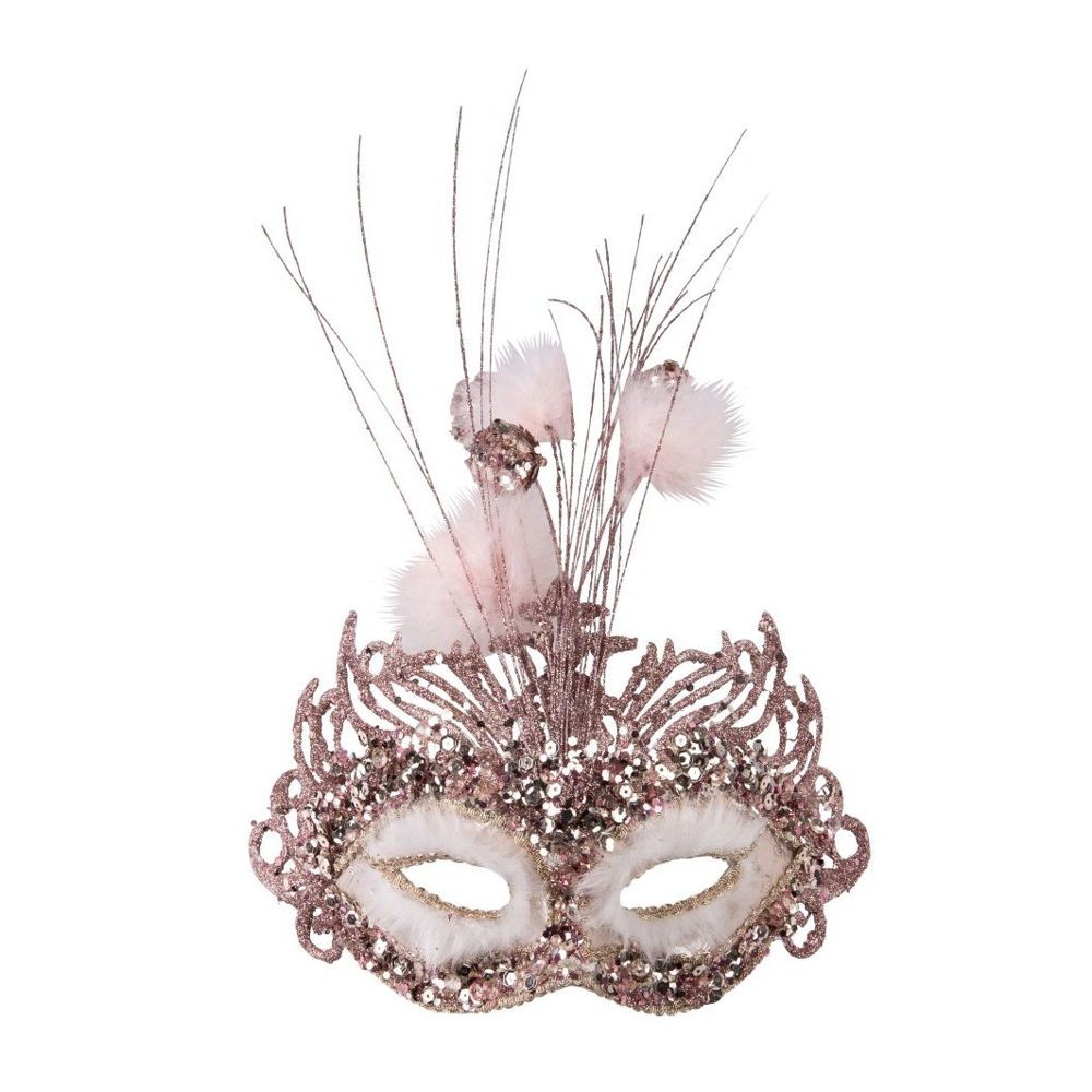 00751-1 MASCHERA ROSA IN TESSUTO C/PAILLETTES, GLITTER E PON PON IN PIUMA