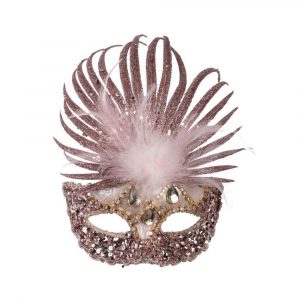 00756-8 MASCHERA ROSA IN TESSUTO C/ PAILLETTES, GLITTER E PIUME