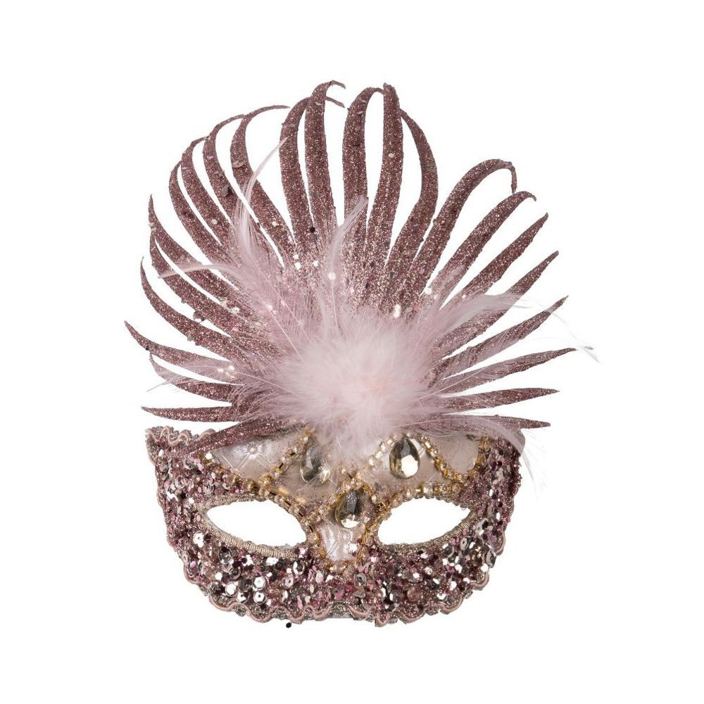 00756-8 MASCHERA ROSA IN TESSUTO C/ PAILLETTES, GLITTER E PIUME
