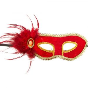 00760-1 MASCHERA ROSSA IN PLASTICA RIGIDA C/VELLUTO, PIUME E GEMMA