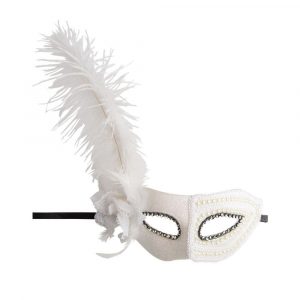 00767-1 MASCHERA IN PLASTICA RIGIDA BIANCA C/GLITTER, STRASS, PERLE, PIUME E FIORE