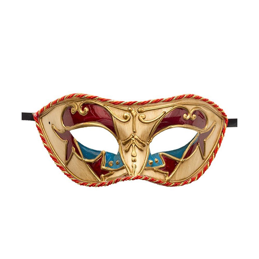 01325-1 MASCHERA VENEZIANA IN PLASTICA C/DECORAZIONI ROSSE E AZZURRE C/PASSAMANERIA