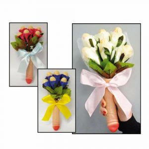 BOUQUET MUSICALE MANICO FALLICO E 6 FIORI COLORI ASSORTITI CON PISELLI