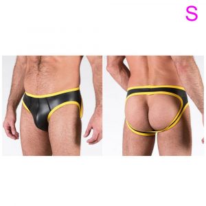 OPEN FOR NOW BOTTOMS – YELLOW MUTANDINA UOMO GAY IN NEOPRENE NERO CON BORDO GIALLO APERTA DIETRO TAGLIA S