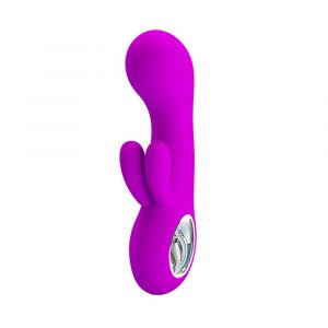 PRETTY LOVE CHRIS VIBRATORE VAGINALE IN SILICONE VIOLA CON DOPPIO STIMOLATORE CLITORIDE E ANELLO CROMATO RICARICABILE USB