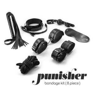 BONDAGE KIT CON 8 PZ POLSIERE CAVIGLIERE COLLARE GUINZAGLIO MASCHERINA BALL-GAG FRUSTA CORDA