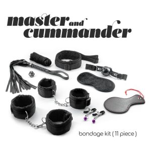 BONDAGE KIT 11 PZ POLSIERE CAVIGLIERE COLLARE GUINZAGLIO MASCHERINA BALL-GAG FRUSTA CORDA PALETTA DADO PINZE